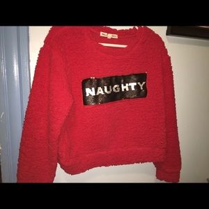 Naughty/nice sequin fluffy red Christmas sweater